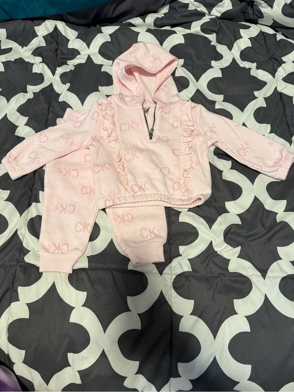 NWOT Calvin Klein Light Pink Hooded Ruffle Sweatshirt & Joggers Set